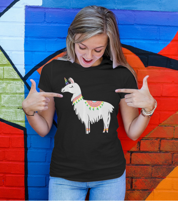 Funny Unicorn Llama Alpaca With Colorful Decorations T-Shirt