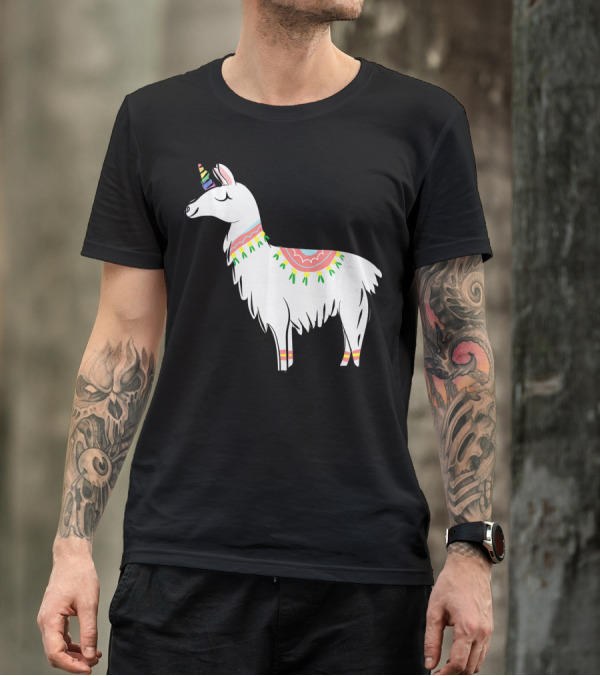 Funny Unicorn Llama Alpaca With Colorful Decorations T-Shirt