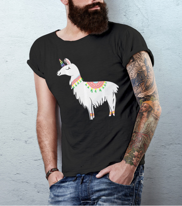 Funny Unicorn Llama Alpaca With Colorful Decorations T-Shirt