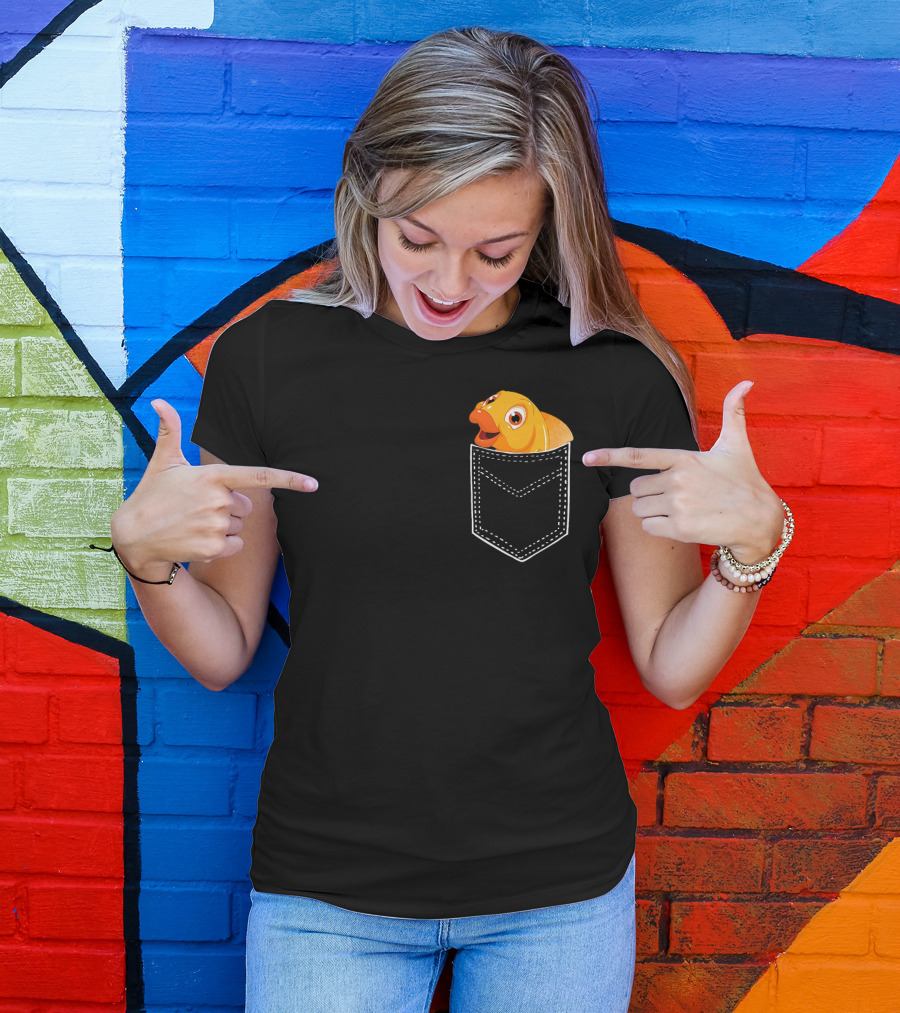 Funny Goldfish Swimming Playfully In A Pocket T-Shirt