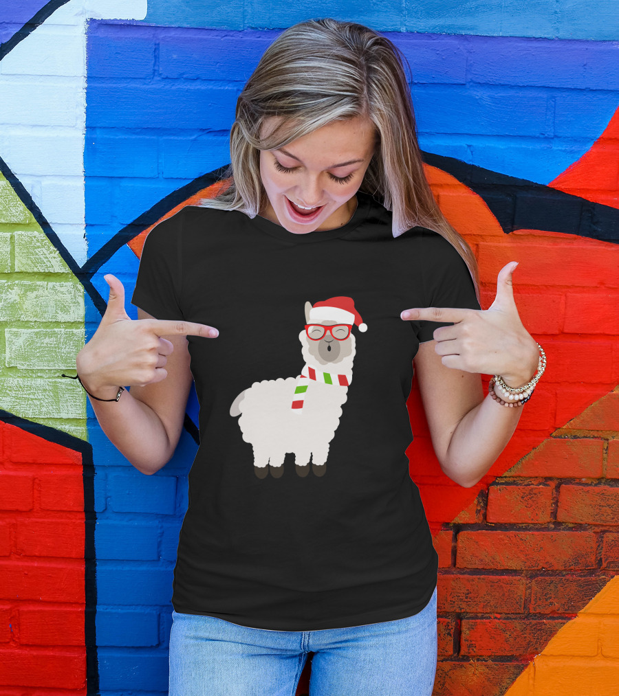 Fa La La Llama Cute Alpaca Ugly Christmas Santa Hat Glasses Scarf T-Shirt