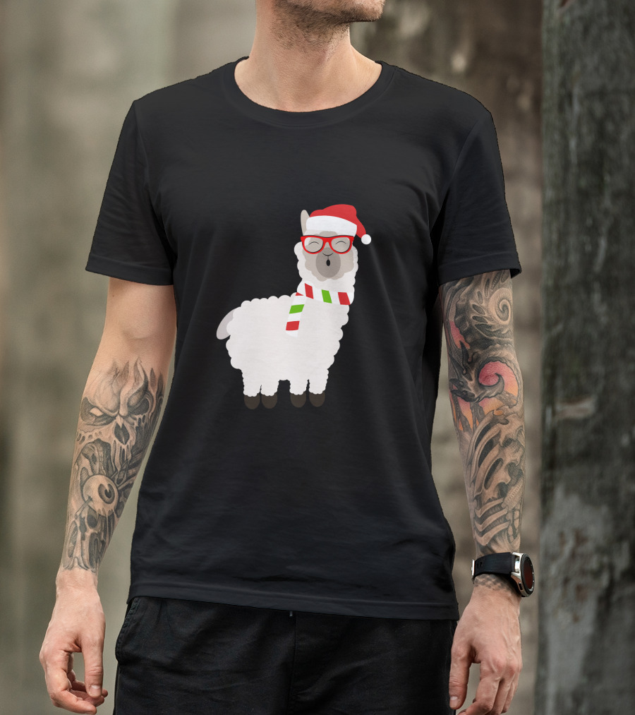 Fa La La Llama Cute Alpaca Ugly Christmas Santa Hat Glasses Scarf T-Shirt