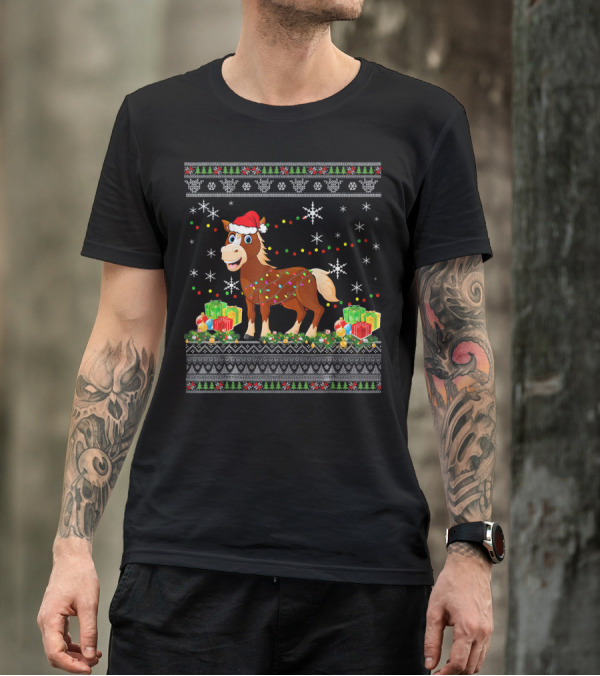 Christmas Horse Santa Hat Lights Snowflakes Presents T-Shirt