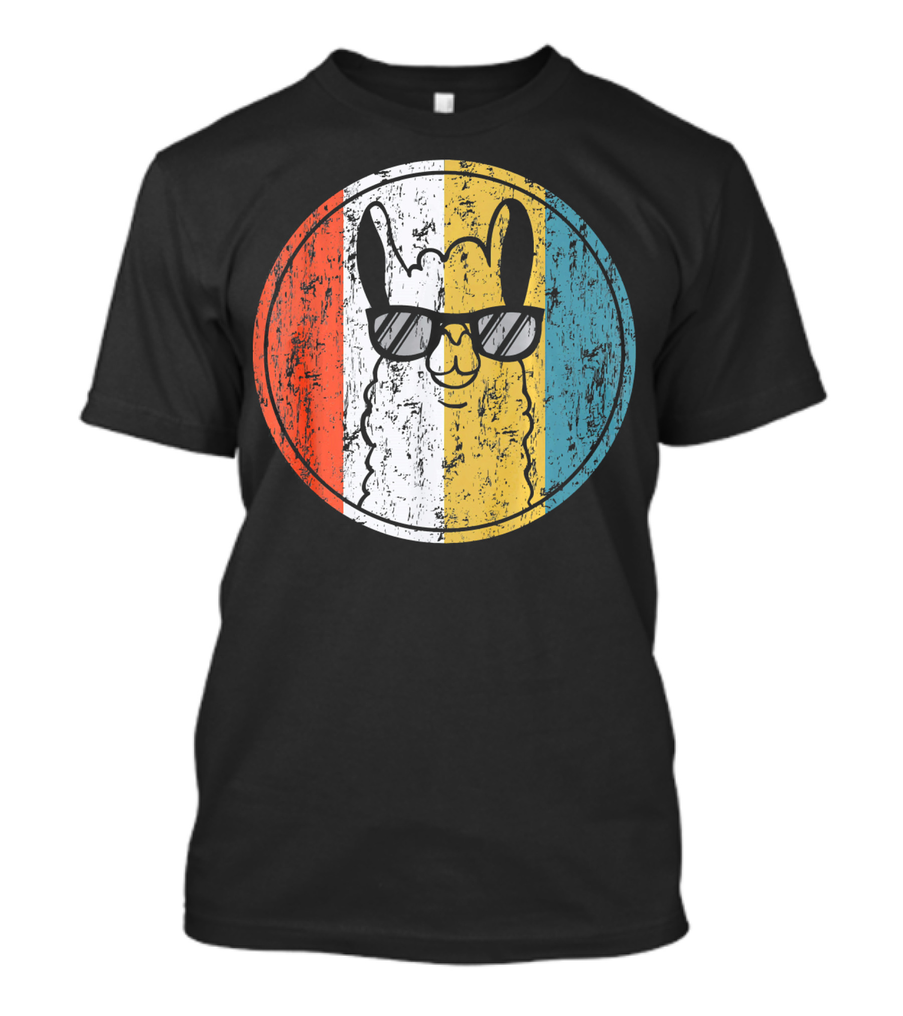 Llama Alpaka Vintage Retro Sunglasses Striped Circle T-Shirt