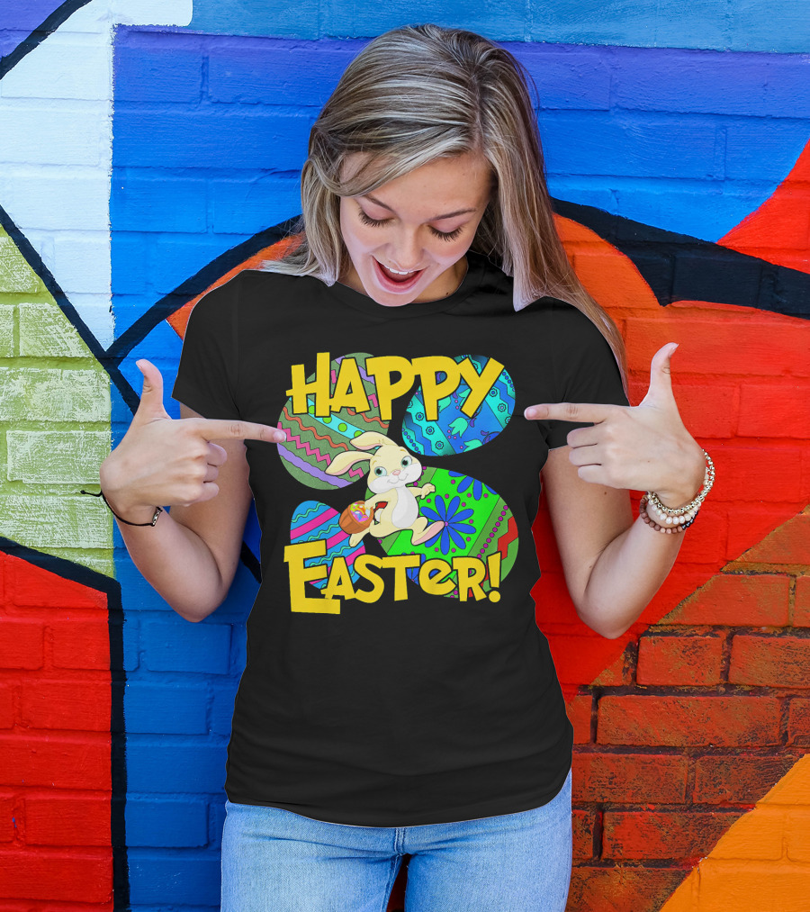 HAPPY EASTER Cool Bunny With Colorful Eggs T-Shirt