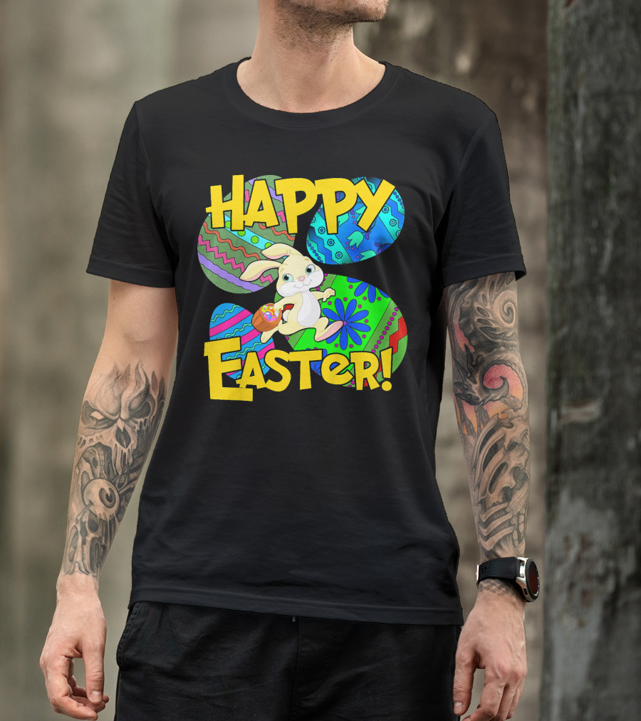 HAPPY EASTER Cool Bunny With Colorful Eggs T-Shirt