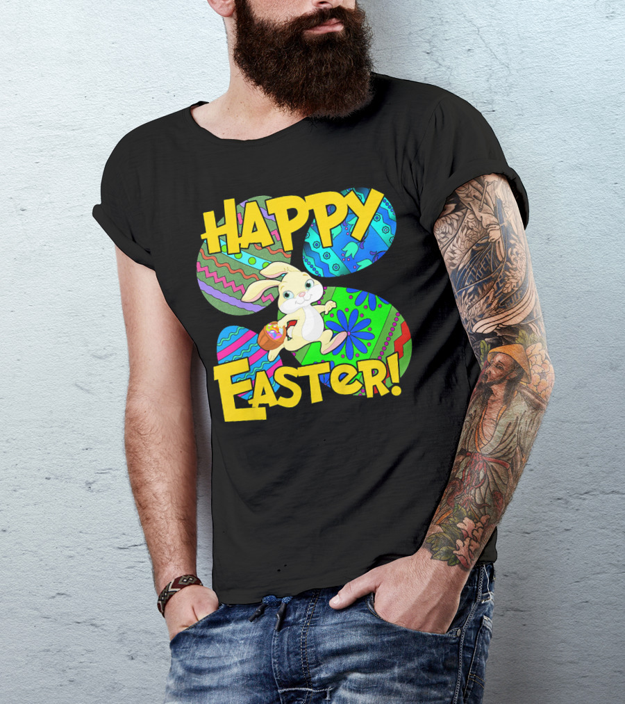 HAPPY EASTER Cool Bunny With Colorful Eggs T-Shirt