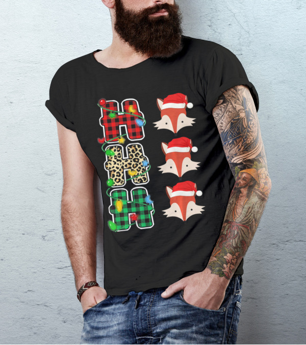 HO HO HO Plaid Leopard Santa Hat Fox Christmas Lights T-Shirt