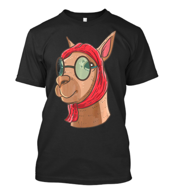 Llama Head Sunglasses Funny Alpaca Face With Red Scarf T-Shirt