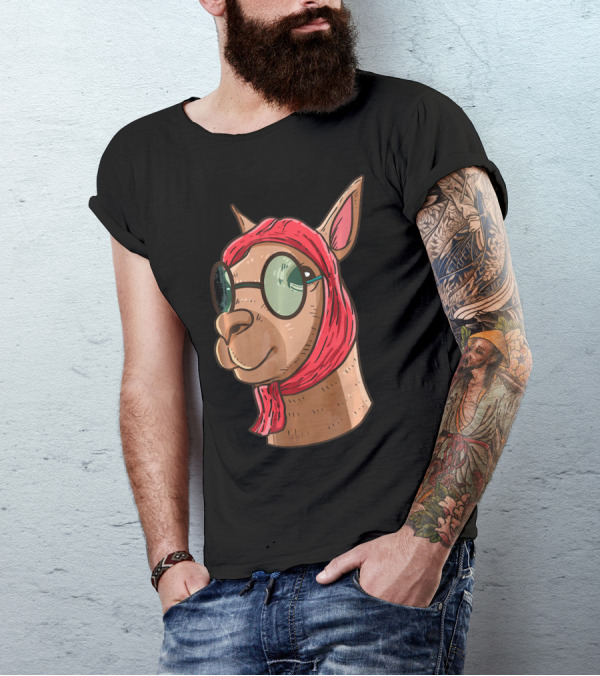 Llama Head Sunglasses Funny Alpaca Face With Red Scarf T-Shirt