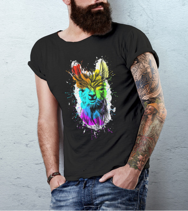 Llama Rainbow Many Color Splatter Alpaca T-Shirt