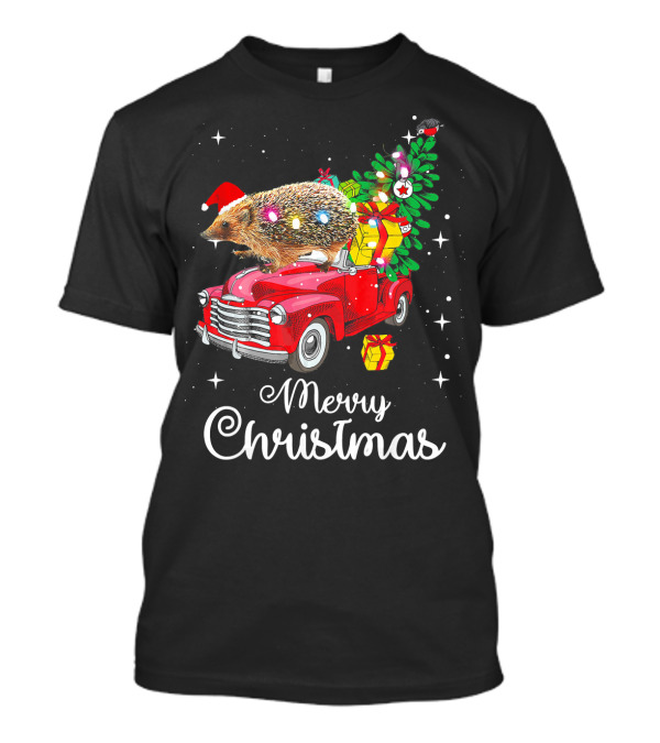Hedgehog With Santa Hat On Red Truck Merry Christmas With Presents And Lights Pajamas T-Shirt