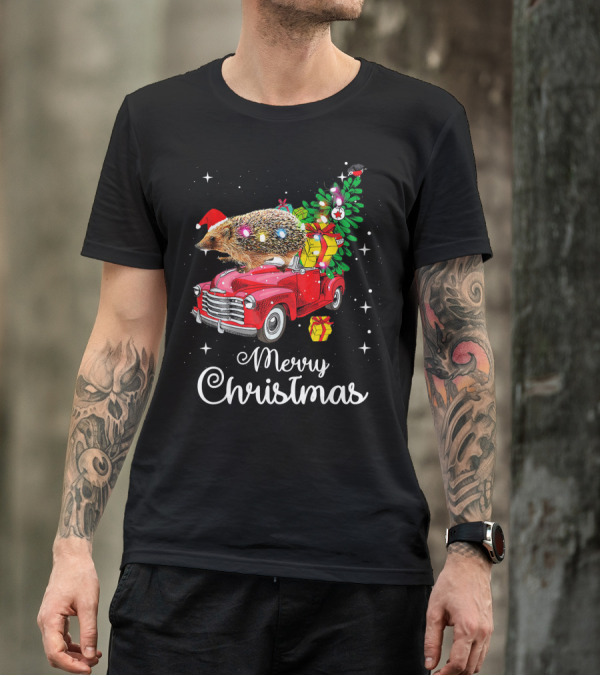 Hedgehog With Santa Hat On Red Truck Merry Christmas With Presents And Lights Pajamas T-Shirt