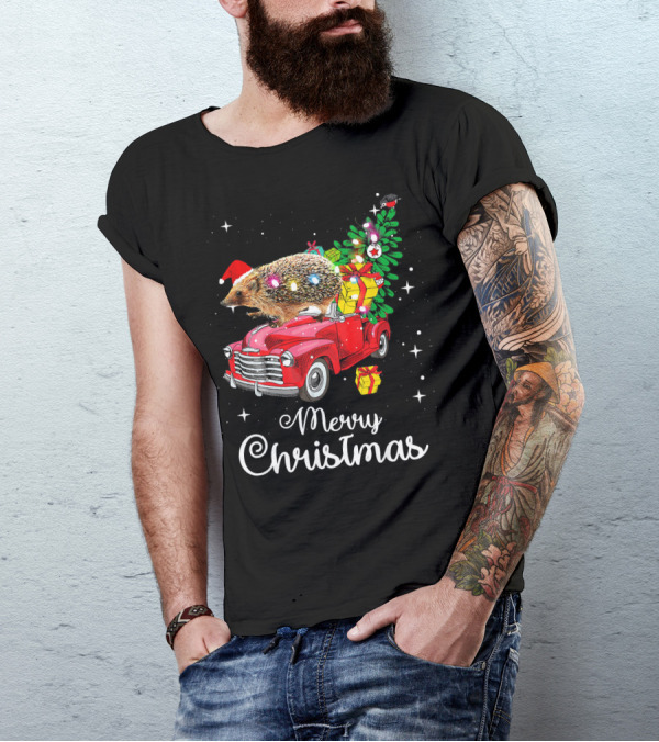 Hedgehog With Santa Hat On Red Truck Merry Christmas With Presents And Lights Pajamas T-Shirt