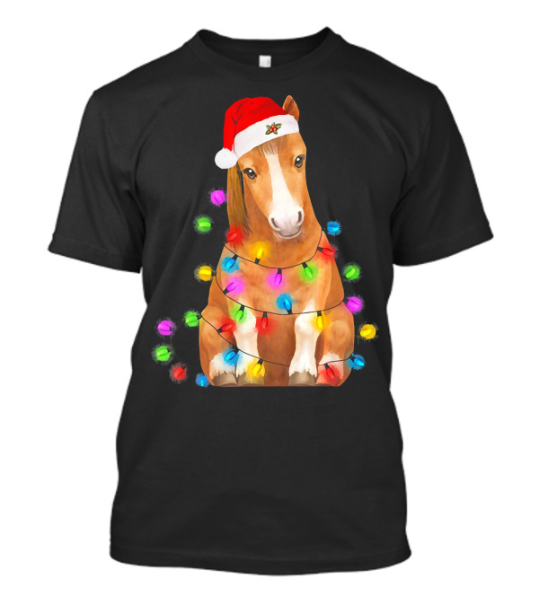 Horse Wrapped In Christmas Lights Wearing Santa Hat T-Shirt