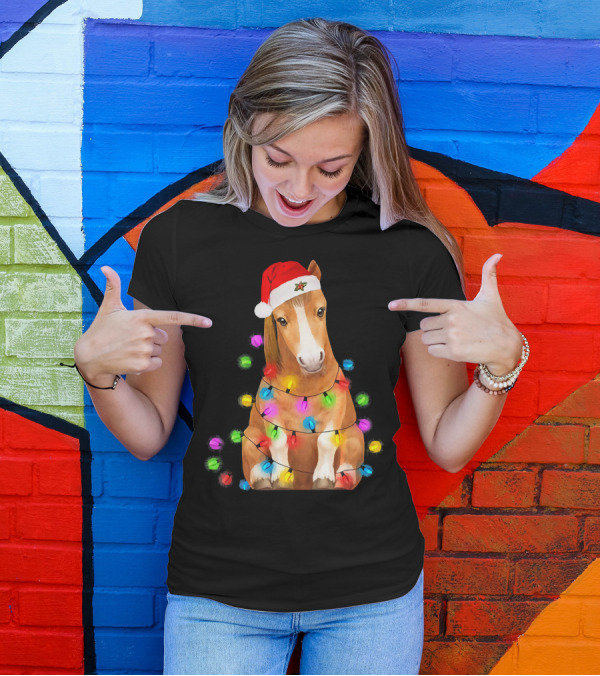 Horse Wrapped In Christmas Lights Wearing Santa Hat T-Shirt