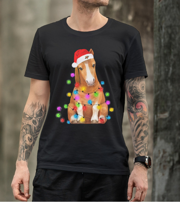 Horse Wrapped In Christmas Lights Wearing Santa Hat T-Shirt