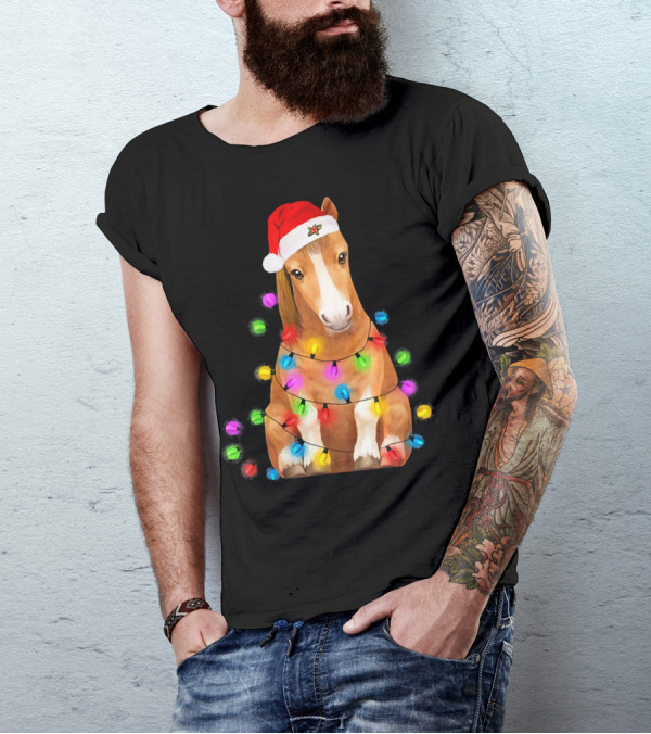 Horse Wrapped In Christmas Lights Wearing Santa Hat T-Shirt