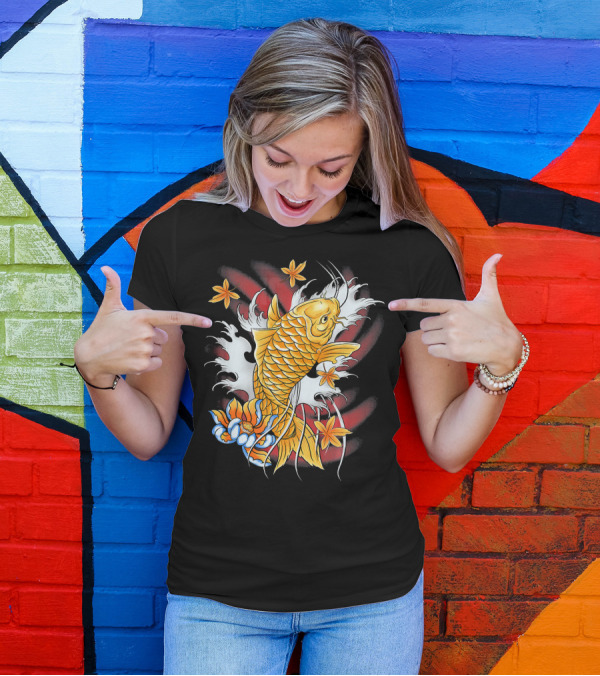 Koi Fish Carp Fisherman With Lotus And Maple Leaves T-Shirt