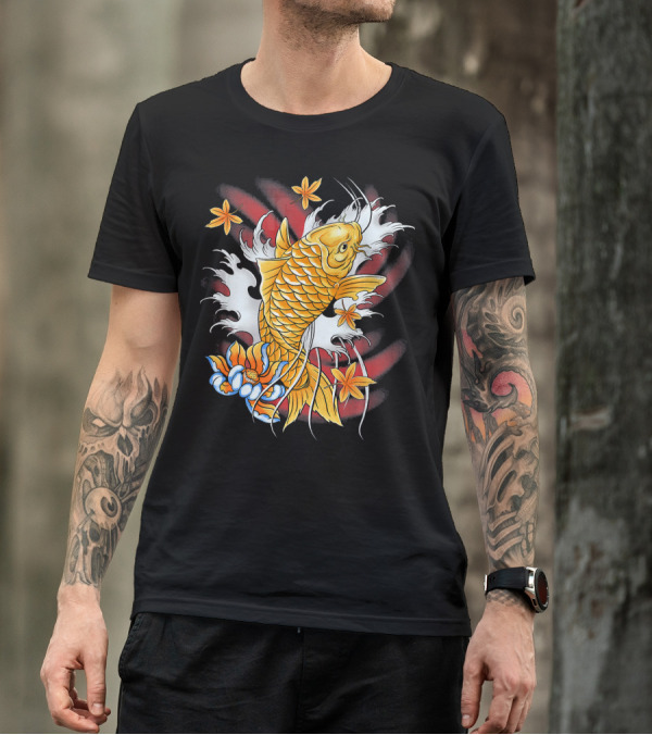 Koi Fish Carp Fisherman With Lotus And Maple Leaves T-Shirt