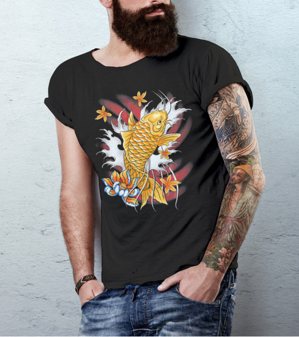 Koi Fish Carp Fisherman With Lotus And Maple Leaves T-Shirt