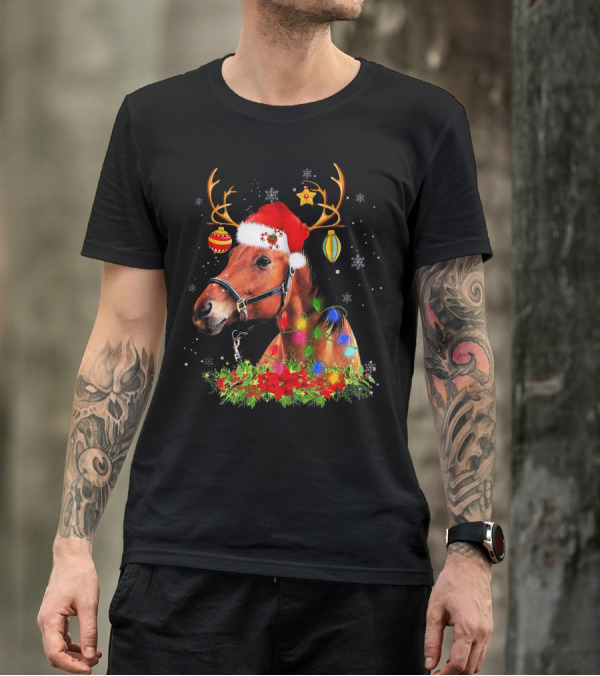 Horse Santa Antlers Ornaments Lights Snowflakes T-Shirt