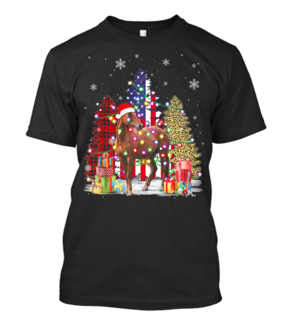 Horse In Santa Hat With Christmas Lights And USA Flag Tree T-Shirt