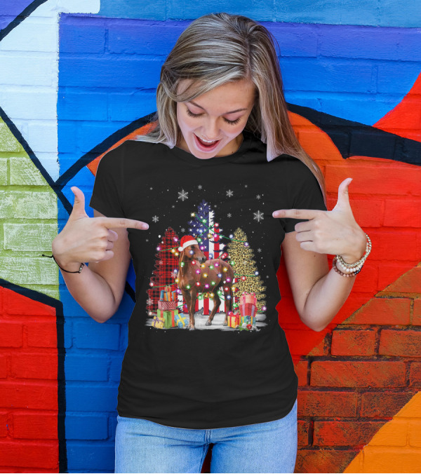 Horse In Santa Hat With Christmas Lights And USA Flag Tree T-Shirt