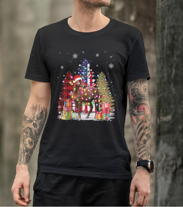 Horse In Santa Hat With Christmas Lights And USA Flag Tree T-Shirt