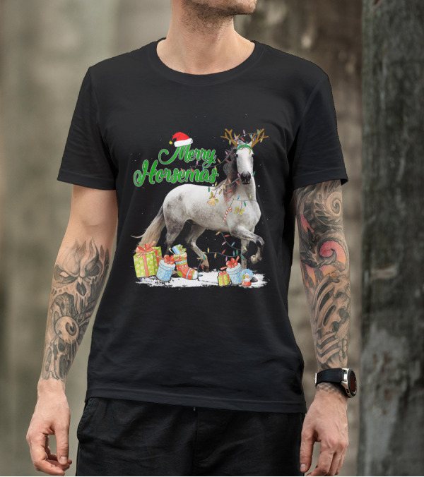 Merry Horsemas With Christmas Lights And Gifts For Horse Lovers T-Shirt