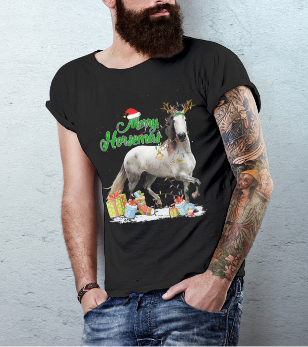 Merry Horsemas With Christmas Lights And Gifts For Horse Lovers T-Shirt