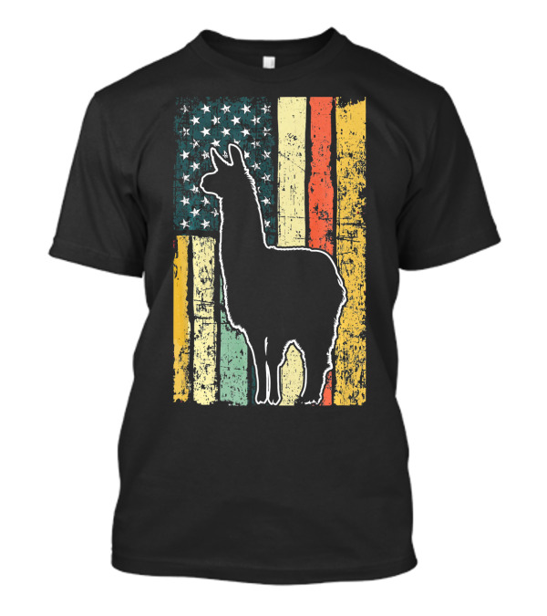 Llama Alpaca Silhouette Vintage American Flag Style USA T-Shirt