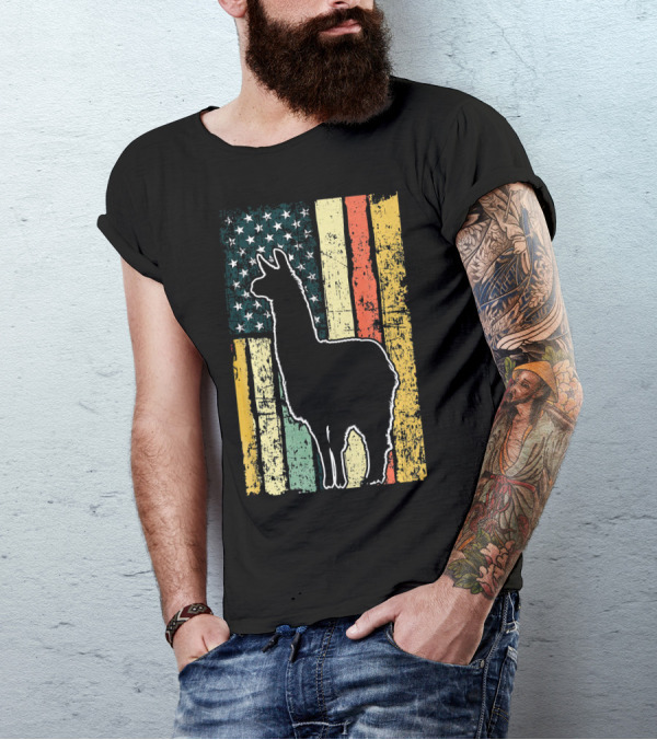 Llama Alpaca Silhouette Vintage American Flag Style USA T-Shirt