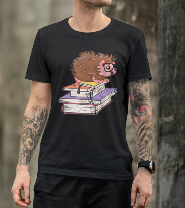 Hedgehog Librarian With Glasses On Stacked Books For Book Lover Reader Libra T-Shirt