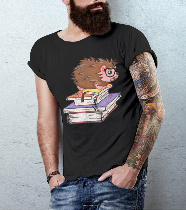 Hedgehog Librarian With Glasses On Stacked Books For Book Lover Reader Libra T-Shirt