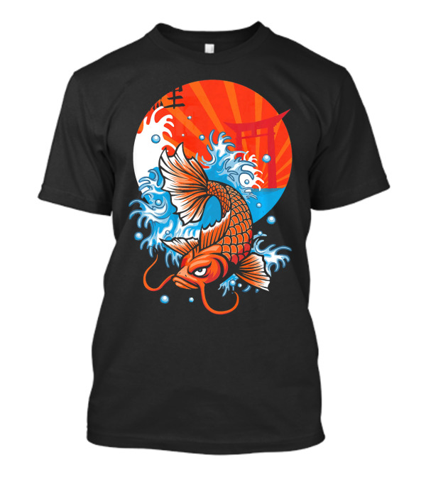 Koi Fish Rising Through Waves With Japanese Torii And Sunburst Background T-Shirt