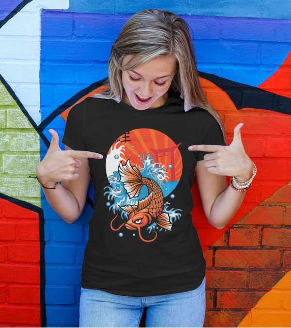 Koi Fish Rising Through Waves With Japanese Torii And Sunburst Background T-Shirt
