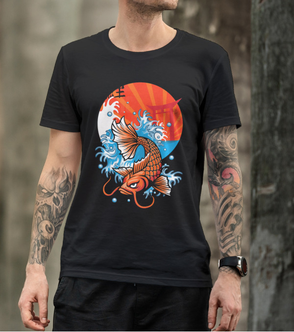 Koi Fish Rising Through Waves With Japanese Torii And Sunburst Background T-Shirt
