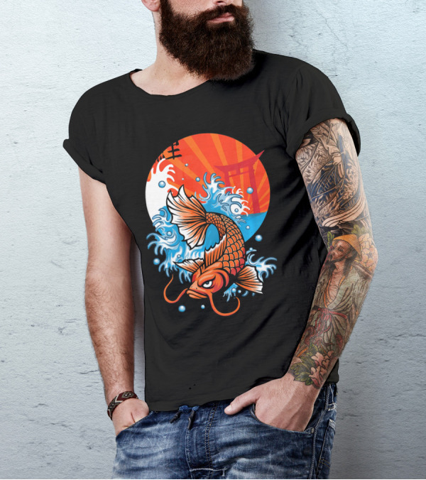 Koi Fish Rising Through Waves With Japanese Torii And Sunburst Background T-Shirt