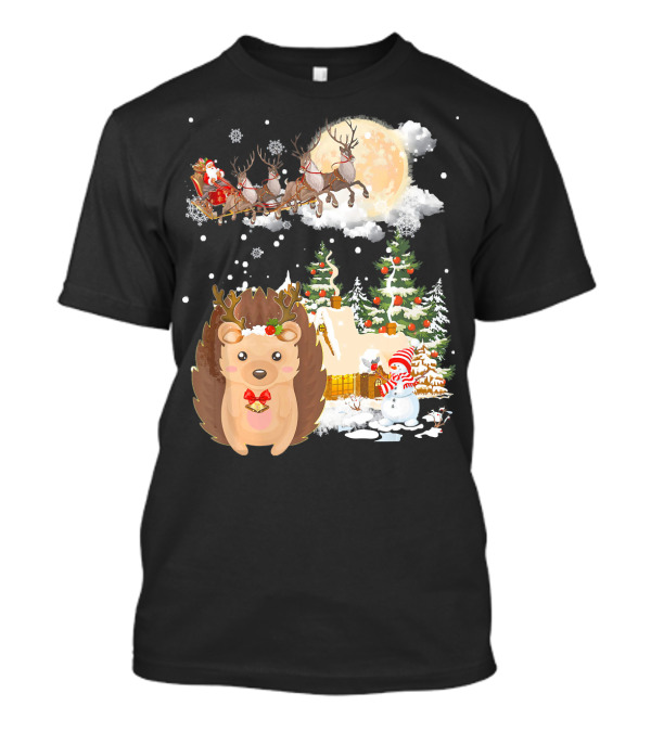 Hedgehog Comes To Town With Santa Sleigh And Christmas Scene T-Shirt