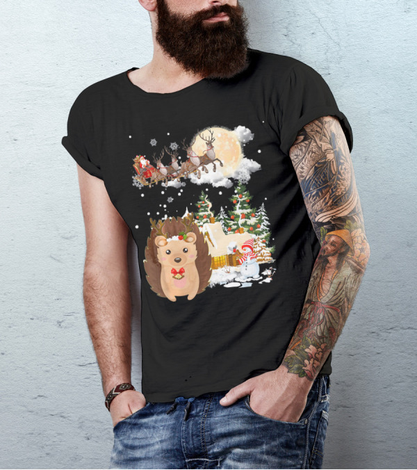 Hedgehog Comes To Town With Santa Sleigh And Christmas Scene T-Shirt