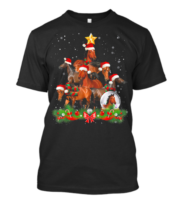 Horse Christmas Tree With Santa Hats And Festive Decorations T-Shirt