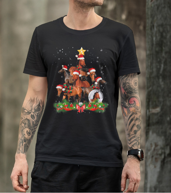 Horse Christmas Tree With Santa Hats And Festive Decorations T-Shirt