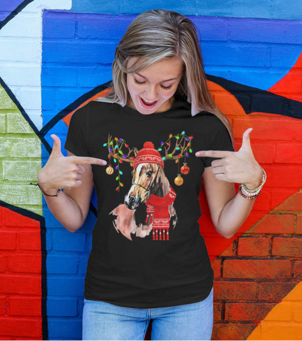 Horse With Red Scarf And Festive Reindeer Antlers With Christmas Lights T-Shirt