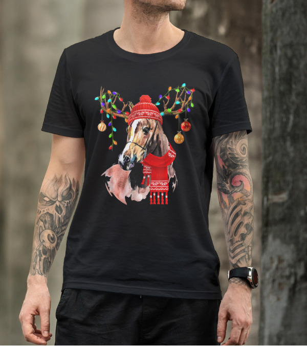 Horse With Red Scarf And Festive Reindeer Antlers With Christmas Lights T-Shirt