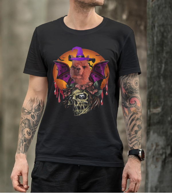 Llama Alpaca Witch Bat Skull Halloween Moon T-Shirt