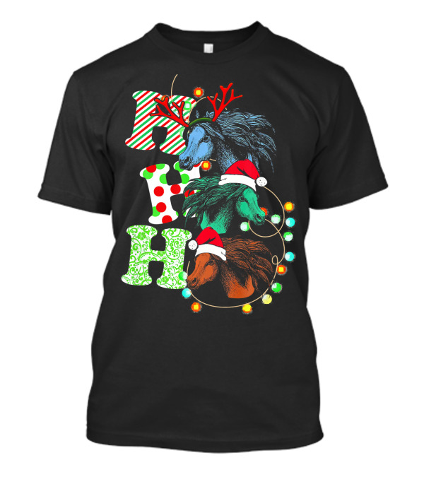 Ho Ho Ho Christmas Horse With Antlers And Santa Hats T-Shirt