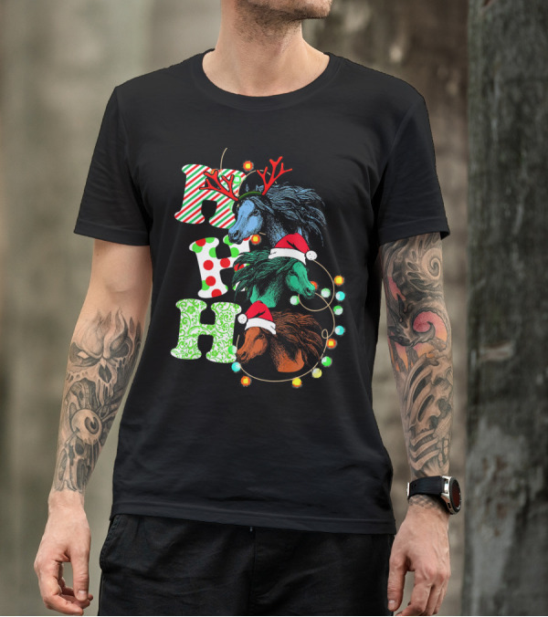 Ho Ho Ho Christmas Horse With Antlers And Santa Hats T-Shirt