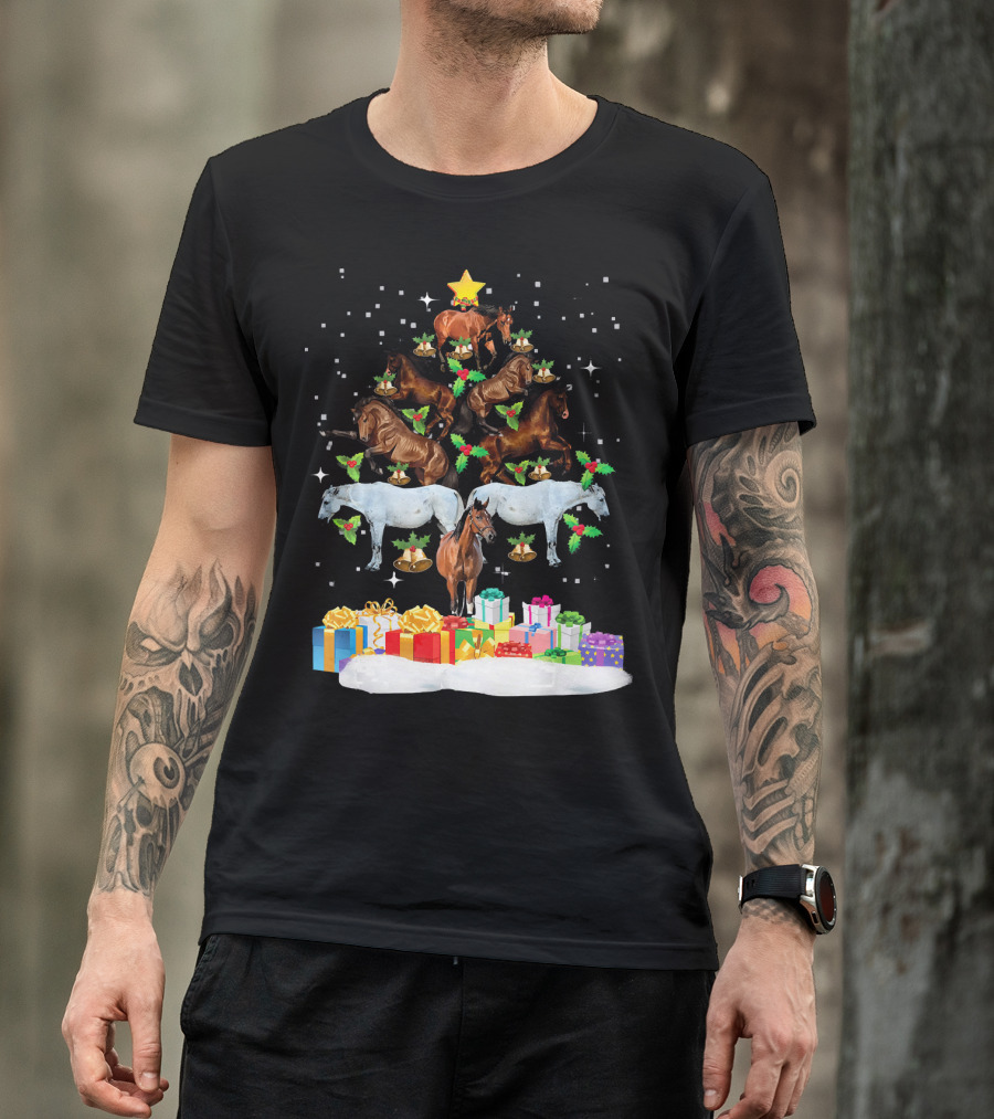 Horse Christmas Tree With Holiday Gifts And Star T-Shirt