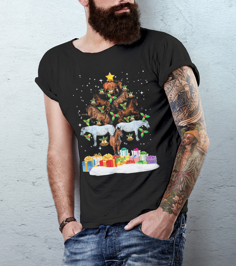 Horse Christmas Tree With Holiday Gifts And Star T-Shirt